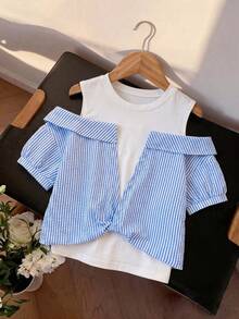 Áo sơ mi ngắn tay kẻ sọc dáng casual dành cho bé gái tuổi teen - Màu xanh lam - Xem 5