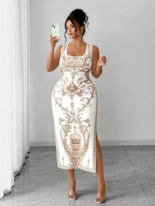 Elenzga Vestido longo plus size feminino elegante com estampa floral tropical, sem mangas, com fenda alta e modelagem justa. Ideal para primavera/verão, volta às aulas, férias, formatura, feriados, Dia dos Namorados, Natal, festivais de música, Dia das Mães, Halloween, Dia de Ação de Graças, Páscoa, Dia Nacional, bailes, aniversários, encontros, festas, casamentos e atividades ao ar livre. - Caqui - Ver 5