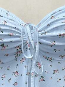 Sweetra Plus Size Women's Square Neck Drawstring Cap Sleeve Ruffle Sleeve Ditsy Floral Casual Cute Elegant Vacation A-Line T-Shirt, Spring/Summer - Blue - View 3