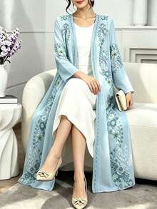 SHEIN Najma 复古花卉几何图案女士端庄优雅阿拉伯长袍，春夏时尚长袖开衫长外套，波西米亚风浅蓝色罩衫，亚洲服饰 - 彩色 - 查看 4