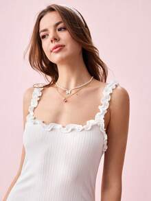 Bonmuse Women's Summer Dress, Sweet Ruffled Hem, Elegant Solid Color, Ultra-Thin Ribbed, Sexy Fitted Meteor Strap Mini Dress, Comfortable Sleepwearfor Summer - White - View 7