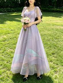 Modelyn 夢幻藍粉圖案雪紡長洋裝，時尚方領短袖設計，收腰修身，適合夏季婚禮、日常穿著與花園仙女風 - 彩色 - 查看 3