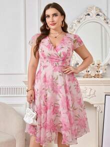 Reflora Gaun Wanita Ukuran Besar Elegan dengan Motif Bunga, Gaun untuk Tamu Pernikahan Musim Panas - Hot Pink - View 3