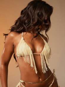 Hauture Top de bikini triangular con detalles de flecos - Blanco - Ver 4