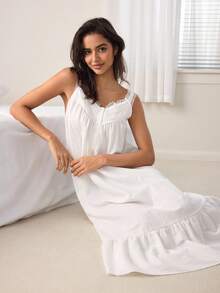 Ocili Đầm hai dây dáng rộng phối ren tương phản 100% cotton dành cho nữ, đồ ngủ mùa hè. - trắng - Xem 2