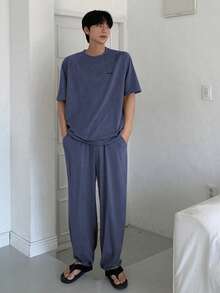 DAZY 1套男士夏季纯灰色T恤和裤子配套睡衣套装，秋冬服装 - 藍色 - 查看 3