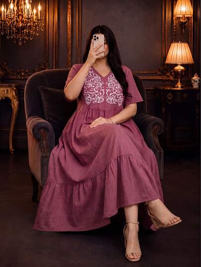 Al Najma Plus Size Short Sleeve Solid Color Embroidered A-Line Arabic Style Dress For Women