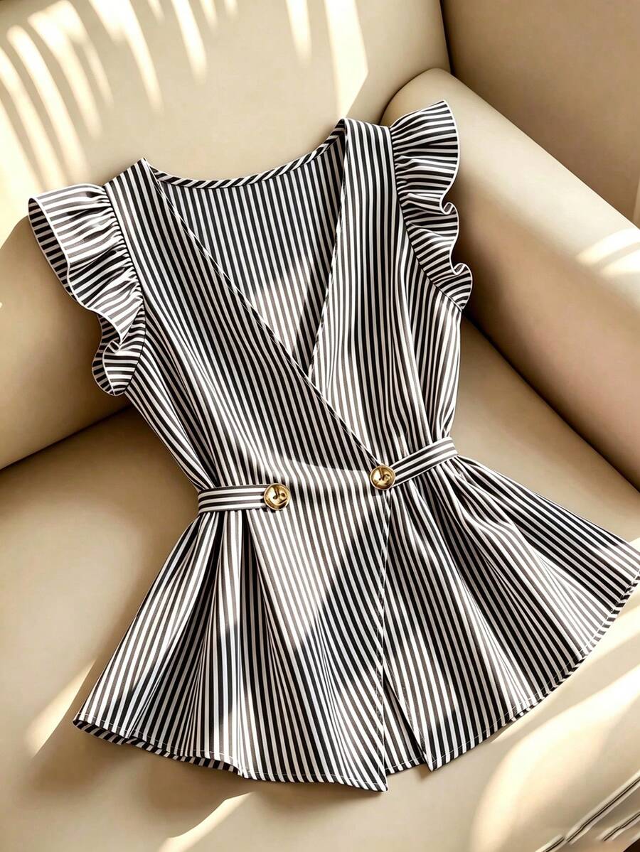 Franclia Elegant Striped Ruffle Sleeve Shirt, Suitable For Casual, Vacation, Beach, Commute - Black - View 1
