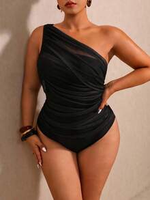 Elaquor Plus Size Solid Color One-Piece Swimsuit For Beach Vacation - Black - View 6