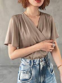 Wynsel Ladies' Summer Solid Color Wrap Short Sleeve V-Neck T-Shirt - Khaki - View 6