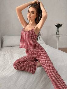 SHEIN Women V-Neck Plaid Camisole And Pants Pajama Set - Red - View 5