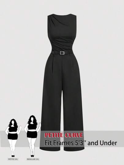 SHEIN PETITE CURVE Mono plisado de cuello redondo sin mangas de unicolor talla grande, diseño minimalista