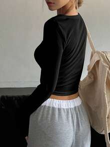 DAZY Solid Scoop Neck Crop Tee,Fall Clothes Preppy Tops Long Sleeve Women Tops - Black - View 2