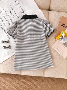 SHEIN 女嬰休閒可愛蝴蝶結刺繡紋理黑白格紋 Polo 領前片裝飾泡泡袖洋裝，適合夏季休閒穿著 - 黑色 - 查看 5