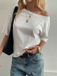 Livesso Women's Casual Loose Fit Round Neck Basic Short Sleeve Top, Autumn/Winter - White - View 5