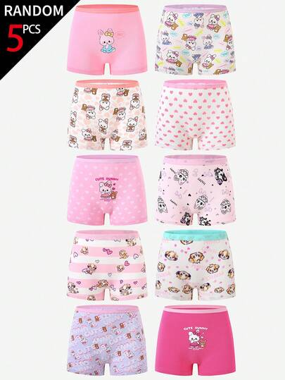 SHEIN 5pcs/Pack Girls' Assorted Heart, Bow, Rabbit Print Cotton Briefs, Cute Casual Underwear For Young Girl