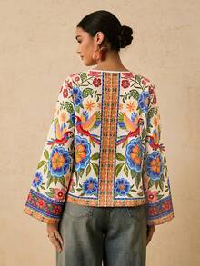 Travachic Plus Size Summer Floral Print Front Tie Loose Shirt - Multicolor - View 2