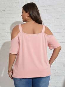 SHEIN LUNE Plus Size Women's Cute Off-Shoulder T-Shirt, Versatile For Daily Wear And Commuting - Pink - View 2