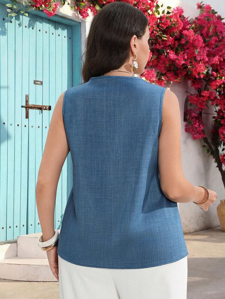 Plus Size Women Floral Collar Denim Effect Sleeveless Tank Top