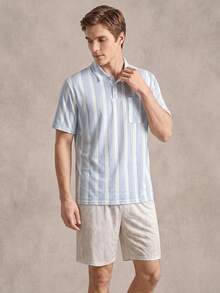 EverLounge 春夏时尚休闲复古条纹 Polo 衫和波浪印花短裤男士家居服套装 - 彩色 - 查看 7