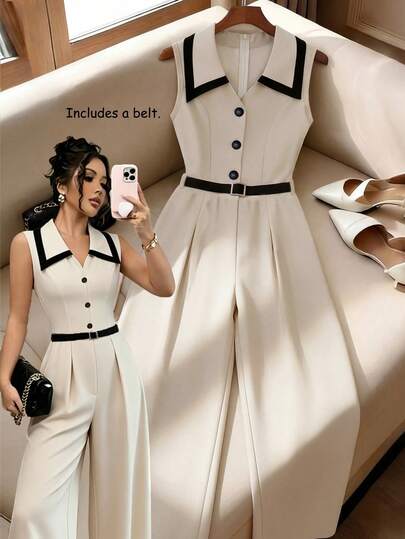 Franclia Mono de pierna ancha casual sin mangas con botones y media cartera elegante para mujer
