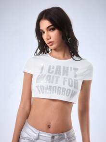 Y2Kool White Slogan Letter Rhinestone Y2K 2000s Graphic Street Wear Babe Casual Street Crop Top Tee, Suitable For Spring/Summer Night Out Club, Festivals - White - View 3
