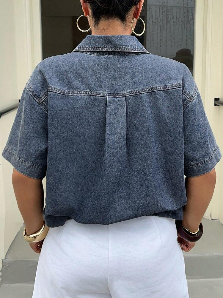 Dazy Plus Light Wash Western Denim Collared Half-Placket Short Sleeve Ruched Waist Denim Blouse, Plus Size Women Spring/Summer