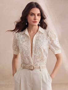 Anewsta New Summer Floral Embroidery & Beaded Decoration Symmetric Blouse For Women - Beige - View 9