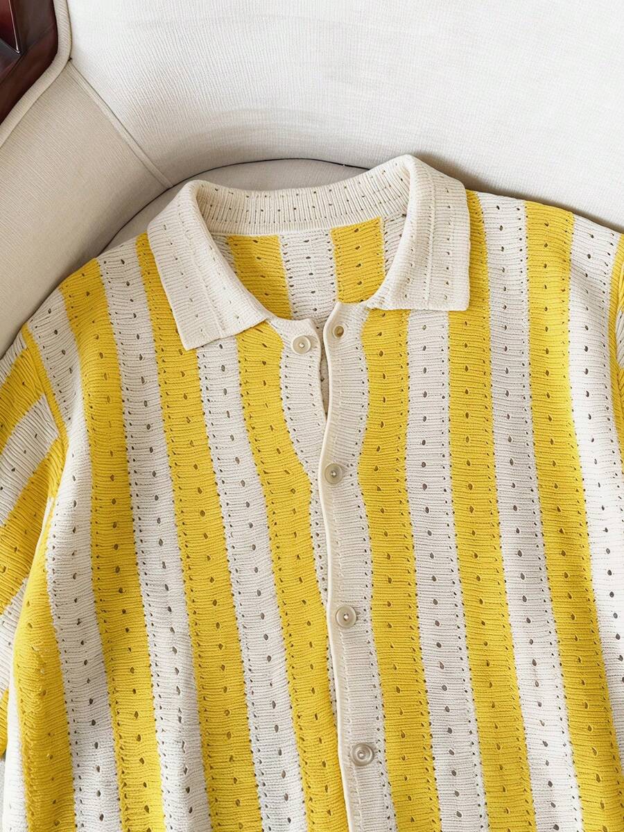 NORVETH Men's Striped Single-Breasted Casual Everyday Knit Top, Hawaii ,Summer,Vacation - Yellow - View 1