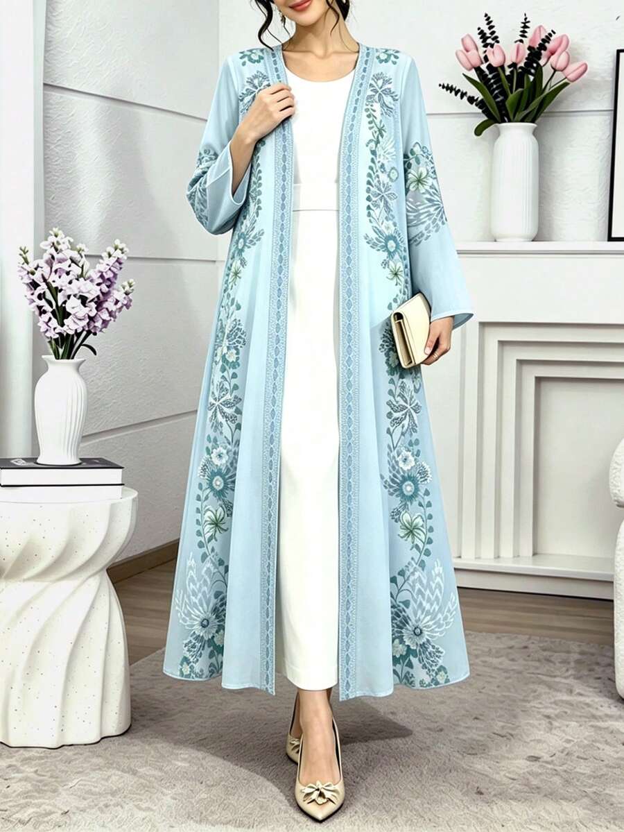 SHEIN Najma 复古花卉几何图案女士端庄优雅阿拉伯长袍,春夏时尚长袖开衫长外套,波西米亚风浅蓝色罩衫,亚洲服饰 - 彩色 - 查看 1