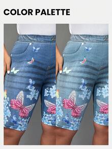 BrightlyHer Plus Size Women's Butterfly & Flower Pattern Printed Short Leggings For Summer - Navy Blue - View 6