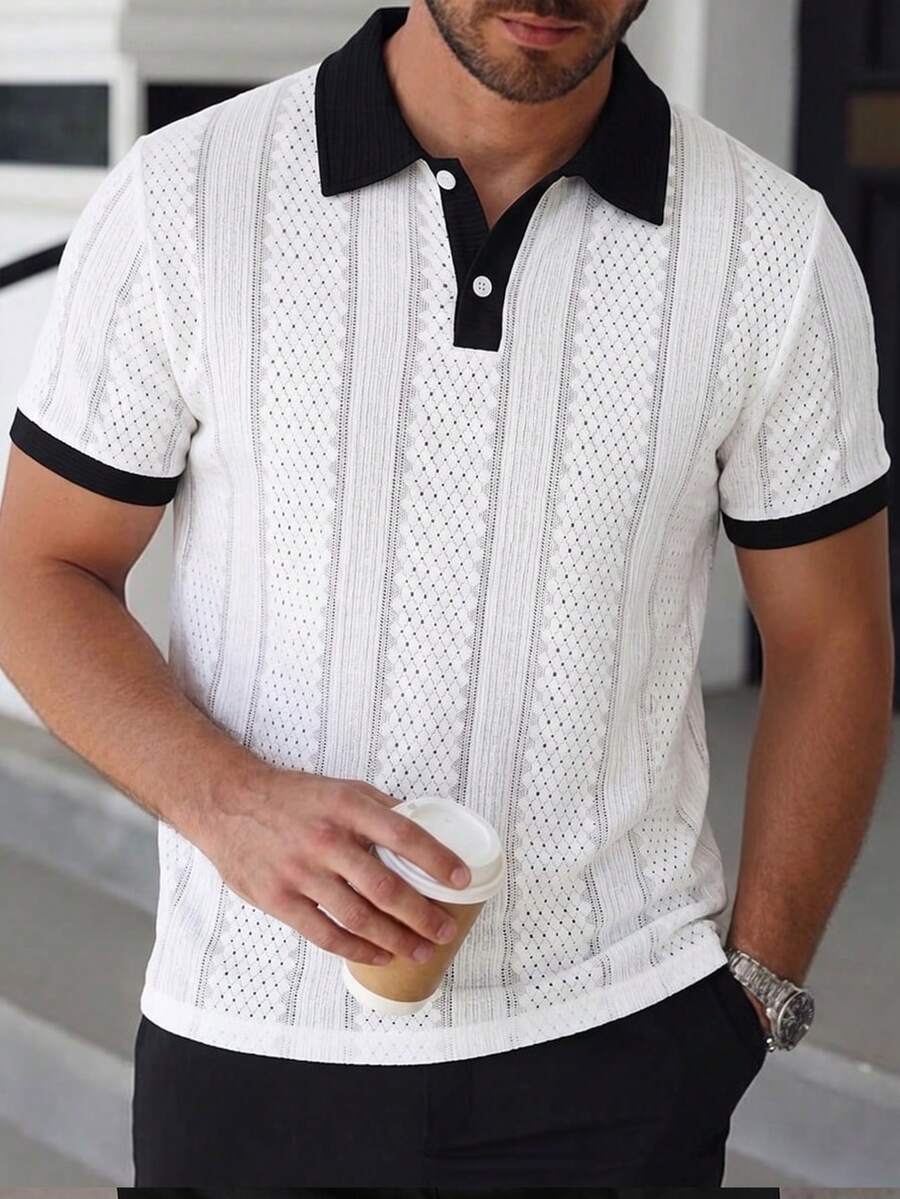 Calvornis Men's Knitted Jacquard Cuff & Collar Contrast Color Casual Business Short Sleeve Polo Shirt, Formal - White - View 1