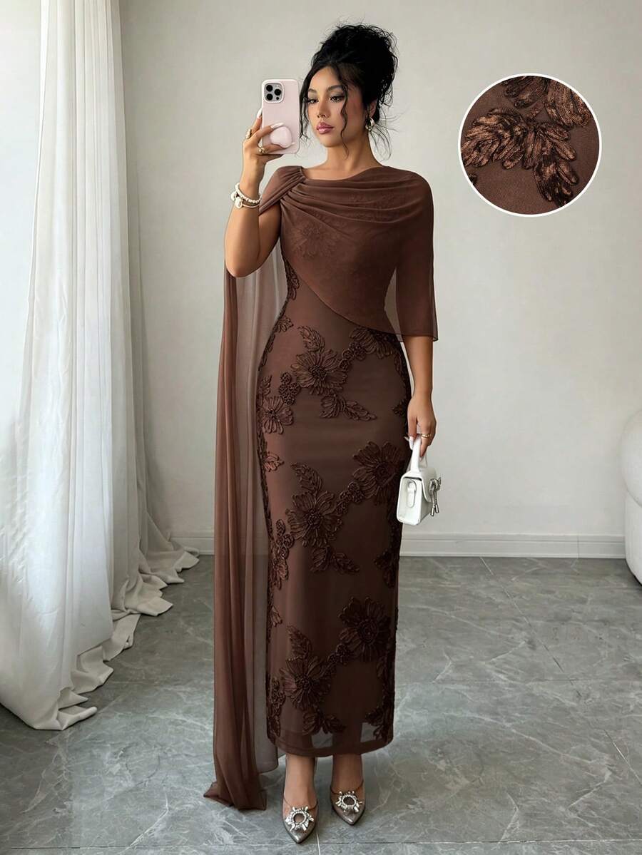 SHEIN Raffinéa 网纱印花修身披肩长款连衣裙,女士夏季派对礼服 - 棕色 - 查看 1
