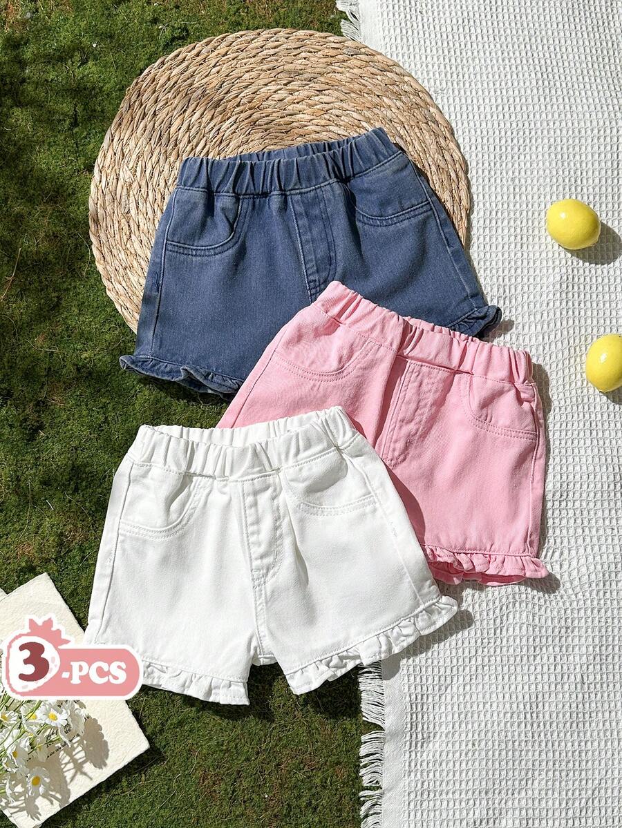Genkimix Kids 3件套少女夏季休闲度假日常通勤简约纯色弹力腰荷叶边牛仔短裤 - 彩色 - 查看 1