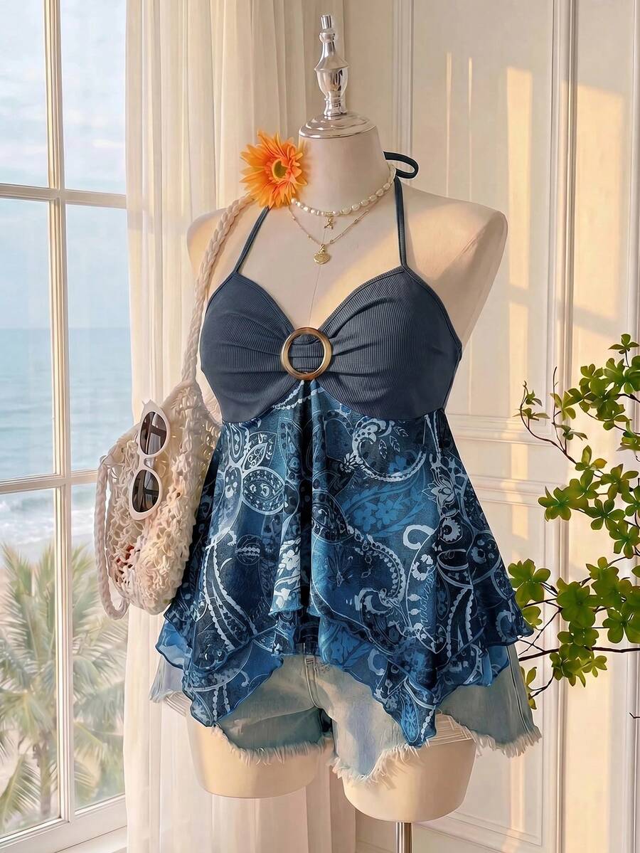 Comfortcana Plus Size Bohemian Print Ruffle Hem A-Line Spaghetti Strap Tie Neck Casual Vacation Camisole Top - Royal Blue - View 1