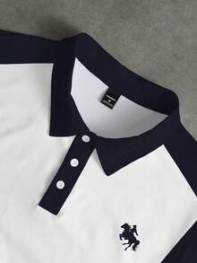 Manfinity Hypemode 男士拼布靛蓝色休闲Polo衫，饰有马匹标志 - 彩色 - 查看 4