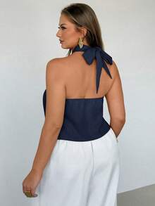 Auralis Neue Metallhaken Deko Eleganter locker fallender Kragen Große Größen Damen Top / Elegantes lässiges fließendes Strandurlaubs Top in Große Größen / Weiche, leichte leinenähnliche Textur Stoff - marineblau - Übersicht 4