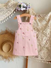SHEIN Vintaside Kids 女婴牛仔背带裙，夏季新品，甜美花卉刺绣，荷叶边肩带设计，无袖粉色牛仔背带裙，可调节肩带，适合户外玩耍和亲子活动。 - 粉色 - 查看 6
