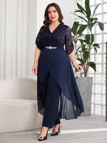 SHEIN Clasi Mono de talla grande con decoración de strass, parches de encaje y volantes - Azul Marino - Ver 6