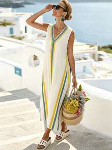 Louniche Standard Size Women's Blue & Yellow Striped Print Patchwork V-Neck Casual Vacation Mid-Length Dress - Apricot - View 4