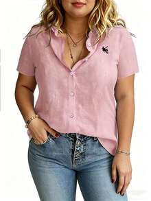EMERY ROSE Large-Sized Woven Embroidered Casual Summer Shirt For Vacation - Pink - View 4