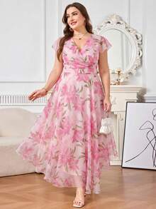 Reflora Gaun Wanita Ukuran Besar Elegan dengan Motif Bunga, Gaun untuk Tamu Pernikahan Musim Panas - Hot Pink - View 8