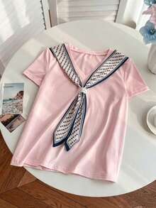 Franclia Women's Casual Vacation Knotted Collar Short Sleeve T-Shirt, Summer - Pink - View 3