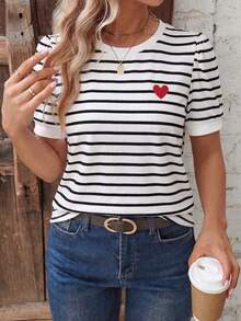Fashionable Puff Sleeve Basic Retro Round Neck Striped Print + Heart Pattern T-Shirt - Multicolor - View 1