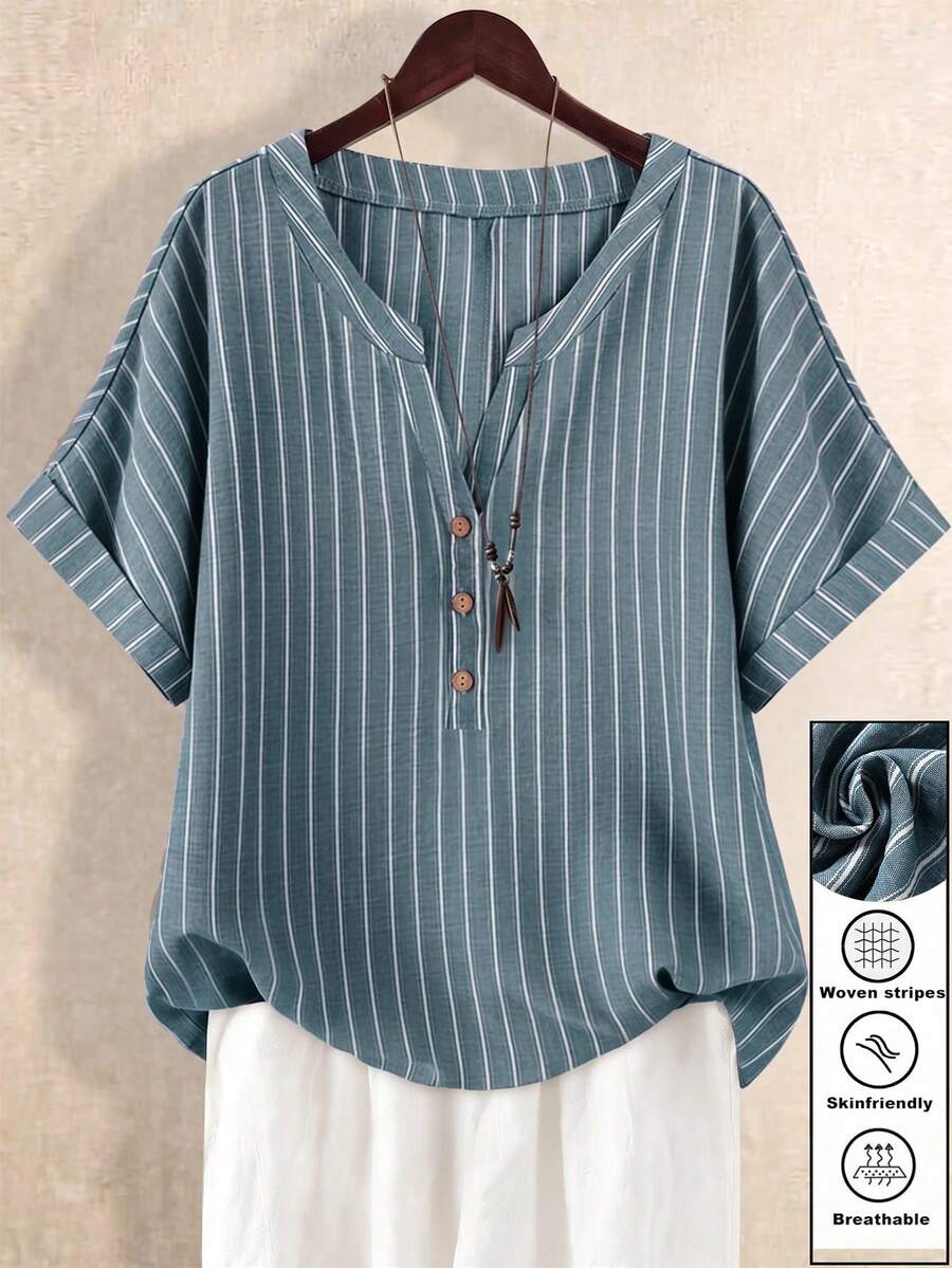 Linhara Plus Size Women Loose Casual Spring/Summer H-Shaped Notched Collar Cuff Turnover Striped Print Casual Shirt - Blue - View 1