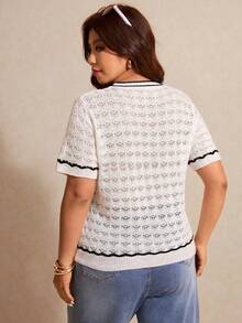Elaquor Plus Size Contrast Color Trim Short Sleeve Knit Top Fall/Winter - Beige - View 2