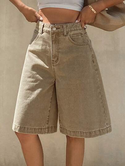 Livesso Vintage gewassen, losse, rechte cropped jeansshorts voor dames, geschikt voor de lente en zomer.