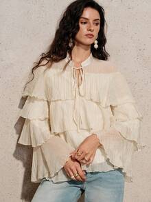 Arave Cream White Elegant Chic Chiffon Blouse,Summer Tea Party Ruffled Collar And Tie,Loose Fit Versatile Crinkle Texture Minimalist Solid Colors - Beige - View 3