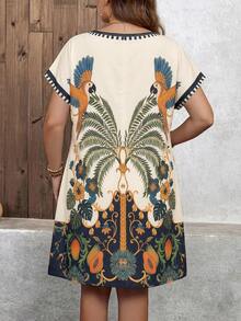 SHEIN LUNE Đầm nữ cỡ lớn in hoa cổ điển tay cánh dơi, kiểu dáng thường ngày, thích hợp cho kỳ nghỉ hè, trang phục công sở. - Nhiều màu - Xem 2