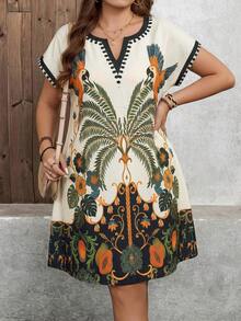 SHEIN LUNE Đầm nữ cỡ lớn in hoa cổ điển tay cánh dơi, kiểu dáng thường ngày, thích hợp cho kỳ nghỉ hè, trang phục công sở. - Nhiều màu - Xem 5